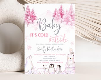 Baby Its Cold Outside Invitation, Winter Wonderland, Polar Bear Invite, Arctic Animals, Pink Silver Snowflake Forest Woodland EDITABLE BS06P
