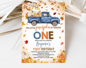 May include: A blue and brown invitation for a first birthday party. The invitation features a cartoon truck with pumpkins in the back. The text on the invitation reads "Our little pumpkin is turning one. Please join us to celebrate Benjamin's first birthday. Saturday, September 28th at 2:00 PM. Benjamin's House. Pumpkin Drive & Donington Dr, San Jose, CA 95129. RSVP to Anne at 123-456-7890."