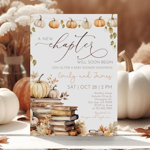 Storybook Baby Shower Invitation A New Chapter Will Soon Begin Book Gender Neutral Party Invite Autumn Fall Floral Pumpkin EDITABLE AS06O