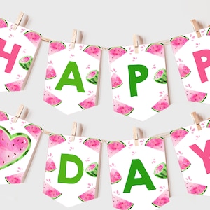 Watermelon Birthday Banner Girl First Birthday Party Decor One in a Melon Garland Pink Watermelon Sweet Celebration Summer EDITABLE BT67P