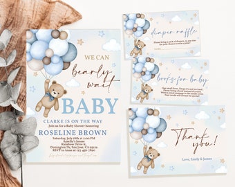 Teddy Bear Baby Shower Invitation Bundle We Can Bearly Wait Boy Baby Shower Invite Set Blue Hot Air Balloons Boho Card Suite EDITABLE BS21B
