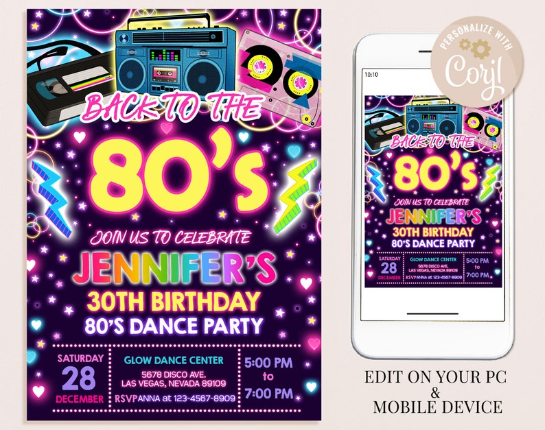 Pode incluir: Um convite para uma festa de anivers&aacute;rio com tema dos anos 80 em rosa neon, azul e amarelo com gr&aacute;ficos de fita cassete, boombox e raio. O texto diz "De volta aos anos 80" e "Junte-se a n&oacute;s para celebrar o 30&ordm; anivers&aacute;rio de Jennifer, festa de dan&ccedil;a dos anos 80". O convite inclui a data, a hora e o local da festa.