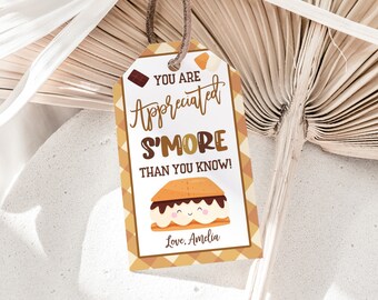 Etykiety na prezenty S'mores Etykieta z podziękowaniami dla nauczyciela Docenione S'mores Bardziej niż myślisz Personel Pielęgniarka Pracownik Wolontariusz Etykieta z podziękowaniami dla szkoły Do druku HL43