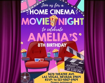 Movie Night Invitation Family Birthday Party Home Cinema Invite Summer Sleep Over Indoor Purple Red Popcorn Theatre EDITABLE Template BTD001