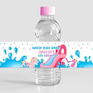 Waterslide Wasserflasche Etikett Mädchen-Geburtstag-Party-Dekor Pink Wasserrutsche Sommer Pool-Party Getränkeetiketten Splish Splash Bash Printable BT77P