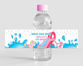 Waterslide Water Bottle Label Girl Birthday Party Decor Pink Water Slide Summer Pool Party Drink Labels Splish Splash Bash Printable BT77P