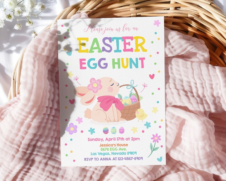May include: A colorful invitation for an Easter egg hunt with a cartoon bunny holding a basket of eggs. The invitation includes the date, time, location, and contact information for RSVP.