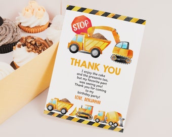 May include: A thank you card with a watercolor illustration of construction vehicles. The card says "Thank You" and "I enjoy the cake and the presents too, but my favorite part was seeing you! Thank you for coming to my birthday party! Love, Benjamin".