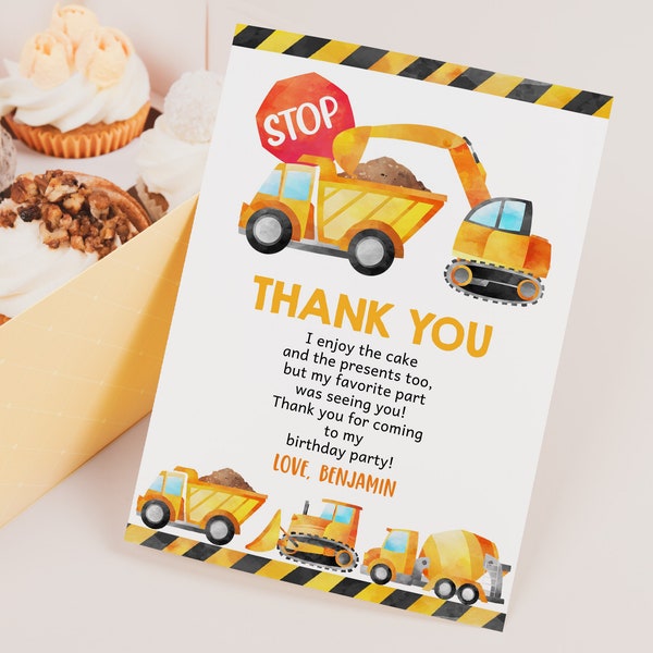 EDITABLE Construction Thank you Cards Boy Birthday Party Thank You Notes Dump Truck Excavator Yellow Digger Tractor Digital Template BT35