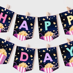 Backyard Movie Night Birthday Banner Girls Slumber Party Decor Under The Stars Bunting Flag Outdoor Sleepover Popcorn Garland EDITABLE BT05P