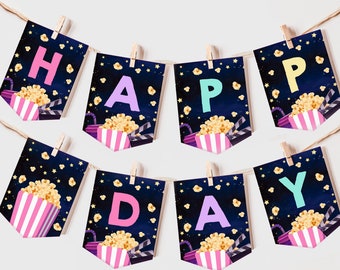 May include: A colourful banner with the words "Happy Day" spelled out in individual flags. Each flag has a dark blue background with white stars and a popcorn bucket with a pink and white striped design. The letters are in various colours, including pink, purple, light blue, and green.
