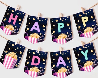 Movie Night Birthday Banner Cinema Party Decor Under The Stars Printable Bunting Concession Stand Sleepover Garland EDITABLE Template BT05P