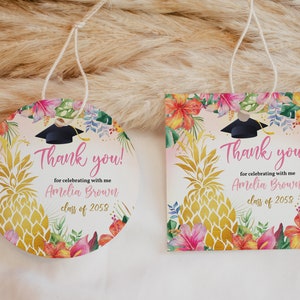 Tropische Abschlussfeier Geschenkanhänger Ananas Abitur Danke Aufkleber Aloha Luau Gold Sommer Hawaiianische Party Druckbare Vorlage HL42