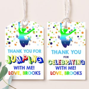 Jump Party Favor Tags Springen Danke Tags Geburtstag Geschenkanhänger Hüpfburg Trampolin Aufkleber Etiketten Regenbogen Template Printable BTD034