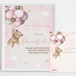 Panneau de conseils avec ours en peluche, jeux de baby shower pour fille, parents, future maman, herbe de la pampa rose, fête sans distinction de sexe, montgolfières MODIFIABLE BS21P