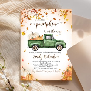 Green Pumpkin Truck Baby Shower Invitation A Little Pumpkin Baby Shower Invite Boy Fall Autumn Leaves Pumpkin Patch Party EDITABLE BS28G