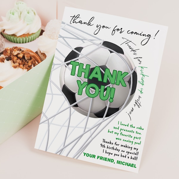 Soccer Birthday Thank You Card Football Thank You Note Boy Birthday Party Decor Kids Sports All Star Player Kick Off Ball Printable BT44