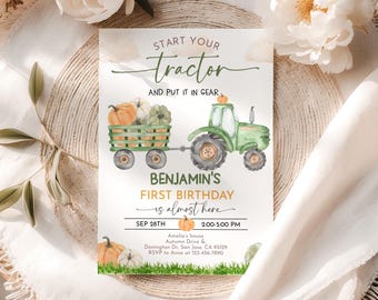Pumpkin Tractor Birthday Invitation Start Your Tractor Invite Farm Barnyard Green Truck Autumn Fall Pumpkin Patch Harvest EDITABLE AT94G