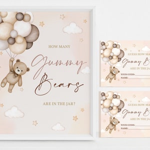 Gioco per baby shower con orsetto di peluche Indovina quanti orsetti gommosi ci sono nel barattolo Segnali Carta Decorazione per feste con erba di pampa blu Modello stampabile BS21E