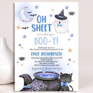 Oh Sheet It&#39;s a Boo-y Baby Shower Invitation Blue Halloween Baby Shower Invite Boy Cute Ghost Spooky One Little Boo Party EDITABLE BS30WB