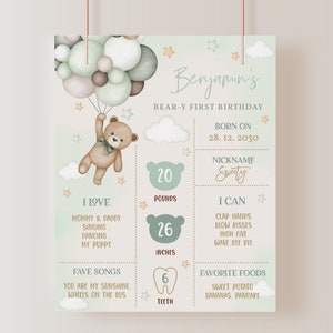 Poster traguardo orsetto Orsetto Primo cartello per il primo compleanno Erba della pampa verde salvia Palloncini d'aria Modello di lavagna MODIFICABILE BT81G