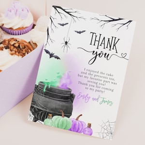 Tarjeta de agradecimiento para la fiesta de revelación de género de Halloween: Un bebé está en desarrollo, mago, bruja, baby shower, nota de agradecimiento, niño o niña, él o ella, imprimible BS66X