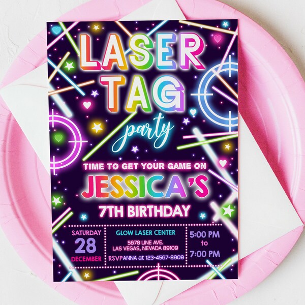 Invitation d'anniversaire Laser Tag garçon fille Gamer fête d'anniversaire inviter néon lueur rose arc-en-ciel jeu d'arcade enfants Lazer Tag Party MODIFIABLE BT63P