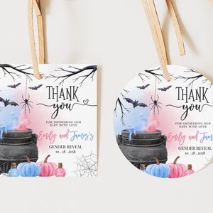 Tagi na przyjęcie z okazji ujawnienia płci dziecka na Halloween Tagi na podziękowania dla niemowląt na baby shower dla chłopca lub dziewczynki w kolorze niebieskim lub różowym do wydrukowania BS66M