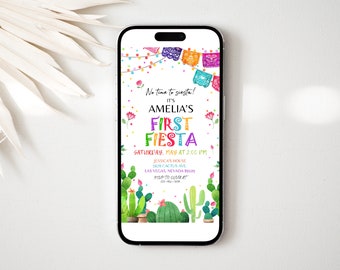 First Fiesta Evite Boy Girl 1st Birthday Party Digital Invitation Mexican Cactus Succulent Mobile Phone Electronic Text Invite EDITABLE BT54