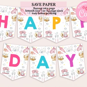 May include: A printable banner with the word "HAPPY DAY" in colorful letters. The banner is decorated with a baking theme, including images of mixing bowls, spatulas, and cookie cutters.