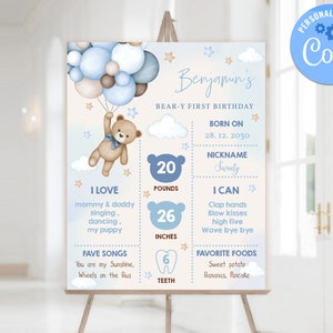 Teddy Bear Milestone Board Sign Poster Beary First Boy Birthday Party ...
