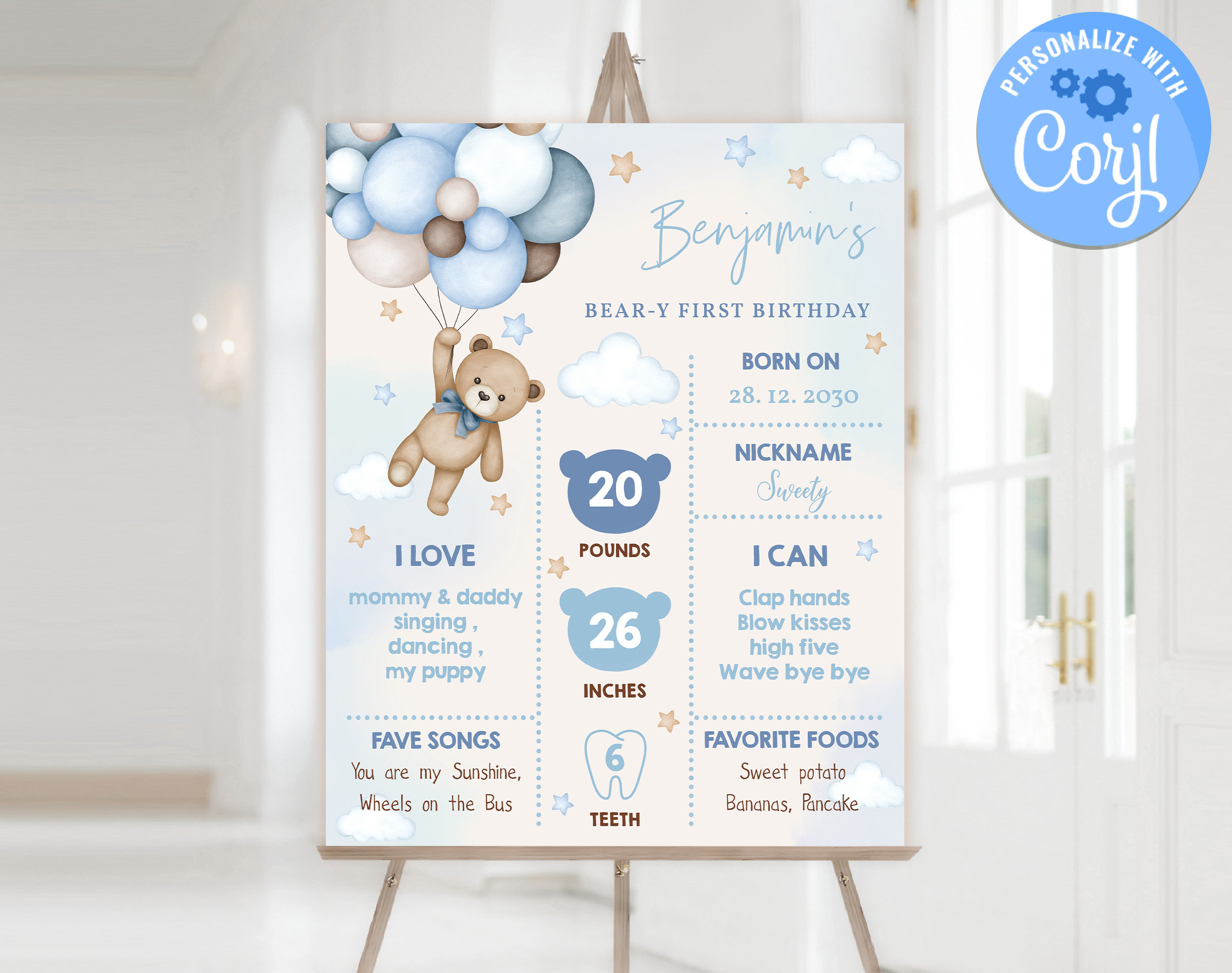 Teddy Bear Milestone Board Sign Poster Beary First Boy Birthday Party ...