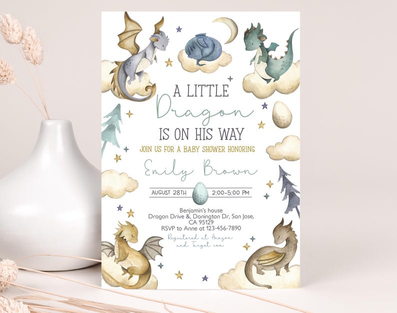 May include: A baby shower invitation with a blue and gold color scheme. The invitation features a watercolor illustration of a dragon and the text "A Little Dragon Is On His Way".