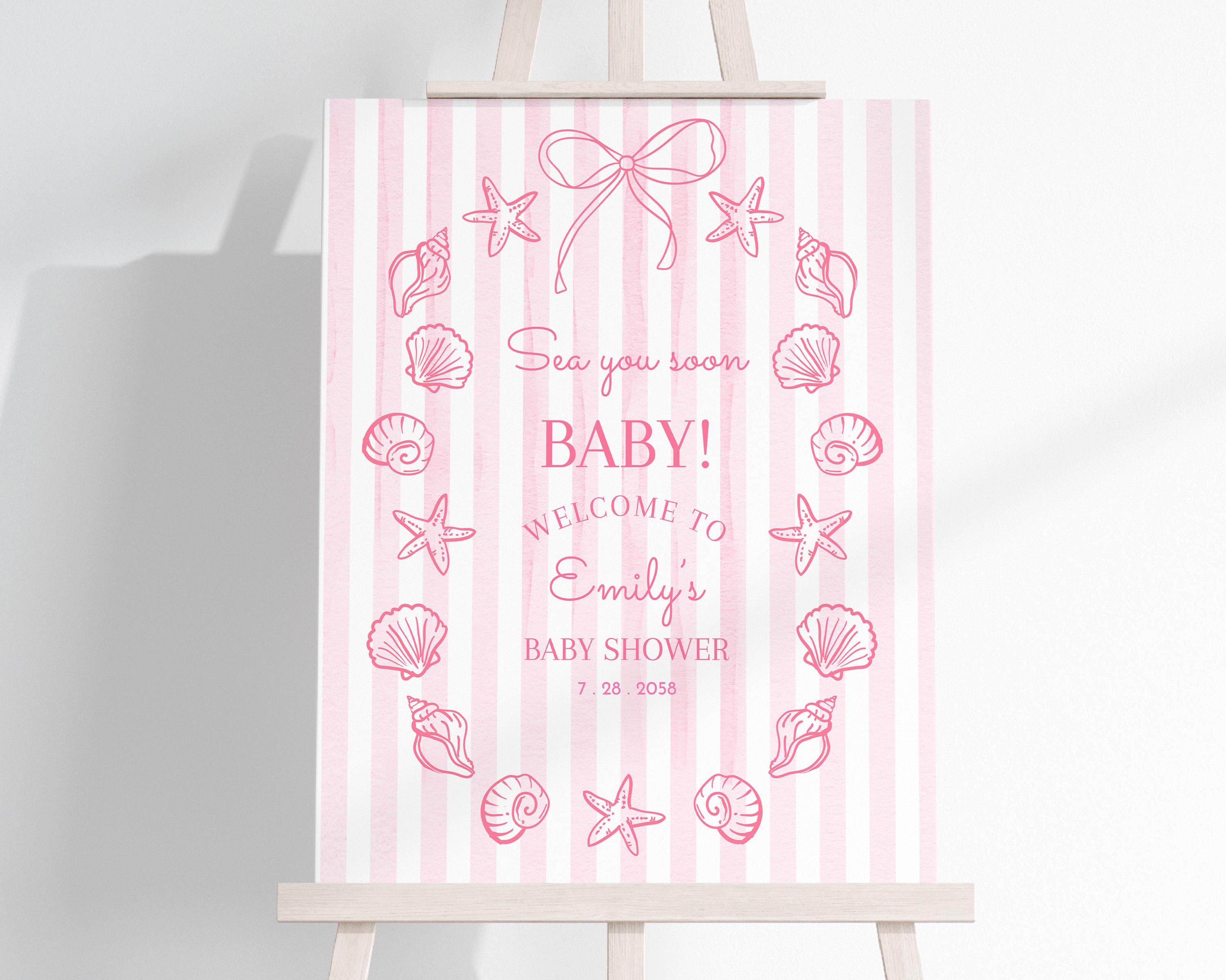 Sea You Soon Baby Shower Welcome Sign, Pink Seashells Coastal Party ...