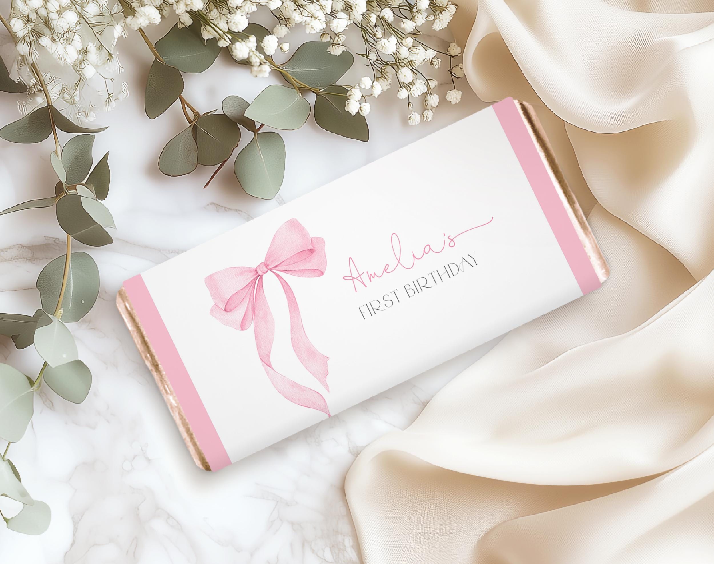 Pink Ribbon Wrapper Pink Bow Chocolate Wrapper Coquette Girl 1st Birthday Party Decor Soft ...