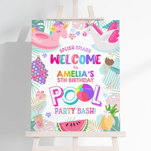 Pool Party Birthday Welcome Sign Girl 1st Summer Party Poster Splish Splash Unicorn Beach Ball Swim Front Yard Sign Swimming EDITABLE BT38