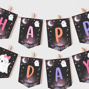 Banner de cumpleaños de Halloween, decoración para fiesta de primer cumpleaños de niña espeluznante, guirnalda de fantasmas lindos de Halloween rosa, accesorio de fotografía editable para niños BT87KP