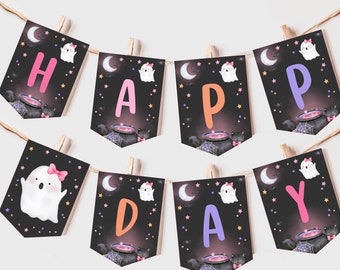 Halloween Birthday Banner Spooky One Girl 1st Birthday Party Decor Pink Halloween Cute Ghost Hey Boo Garland Kids EDITABLE Photo Prop BT87KP