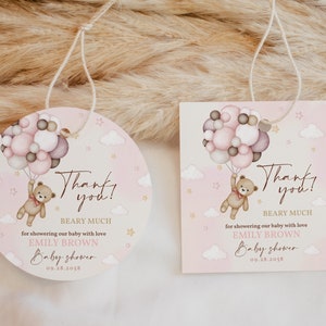 Étiquettes de cadeau d'ours en peluche automne étiquettes pour cadeaux de shower de bébé Boho mignon rose blush anniversaire Merci autocollants étiquette modèle imprimable modifiable BS21P