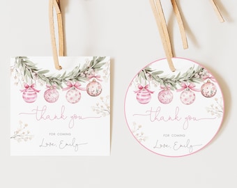 May include: Two gift tags with a watercolor design. One is square, the other is round. Both have a pink border and feature pink ornaments, greenery, and the text "Thank you for coming, Love, Emily."
