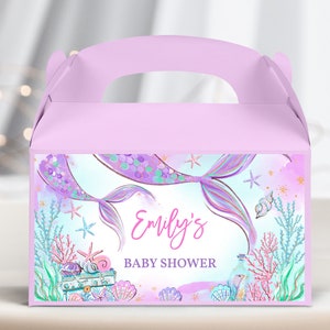 Etiqueta para caja de regalo de cumpleaños con temática de sirena para baby shower, diseño de princesa con cola mágica morada, verde azulado, dorada y rosa, imprimible (BS37V, BT48V)