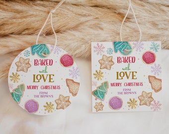 May include: Two Christmas gift tags with a white background and a gingerbread cookie theme. The tags feature the text "Baked with Love" and "Merry Christmas". One tag is round and the other is rectangular.