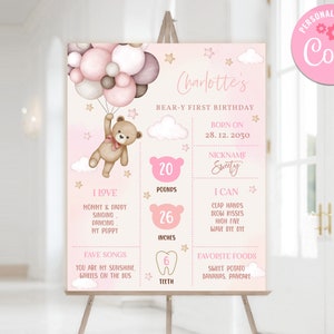 Teddy Bear Milestone Poster Beary First 1st Birthday Sign Boho Pampas ...