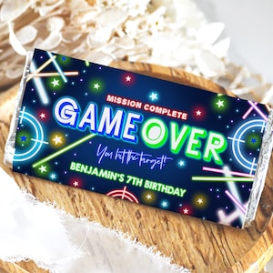 Laser tag emballage de chocolat garçon Gamer décoration d'anniversaire enfants néon fête rose arc-en-ciel jeu d'arcade étiquette de barre chocolatée 1,55 oz imprimable BT63B