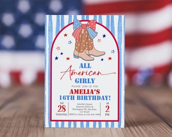 4th of July Birthday Invitation All American Girly Patriotic Birthday Invite Cowgirl Boots Bow Party Red White and Blue Stars EDITABLE AT87B