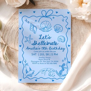 Teen Girl Coastal Birthday Invitation, Seashell Party Invite, Blue Ocean Beach Theme, Let's Shellebrate, Coquette Hand Drawn EDITABLE CT15B
