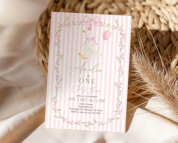 Goose 1st Birthday Invitation, One Silly Goose Invite, Pink Coquette Bow, Girl First Bday Party, Vintage Floral Ribbon Daisy EDITABLE CT14P