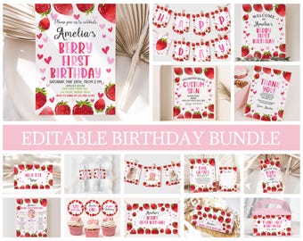 Berry First Birthday Invitation Bundle, Strawberry 1st Bday Invite Set, Coquette Pink Red Hearts Party Decor, Summer Fruit EDITABLE BT37P