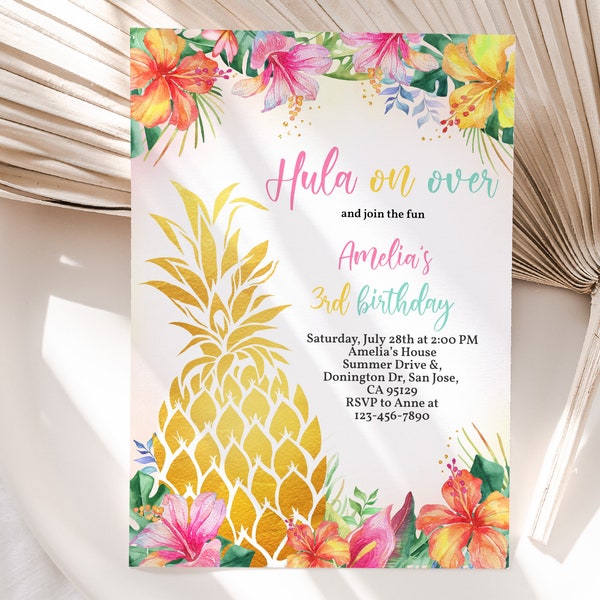 Luau Birthday Invitation Girl First Birthday Invite Hawaiian Tropical Summer Party Aloha Gold Pineapple Hula On Over Hibiscus EDITABLE AT02P