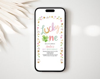 St Patrick's Day Birthday Evite, Lucky One Girl 1st Digital Invitation, Shamrock Rainbow, St Patty Irish Mobile Text Invite EDITABLE BT95P